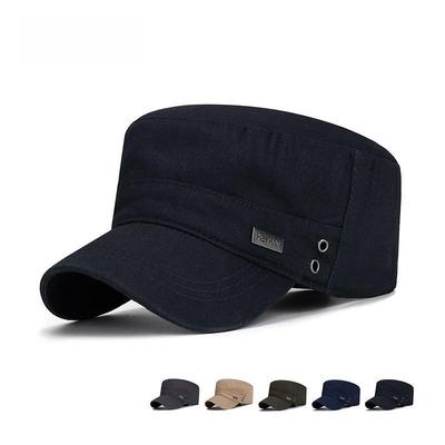 Men's Breathable Cotton Adjustable Flat Cap with Eyelets and Metal Label
