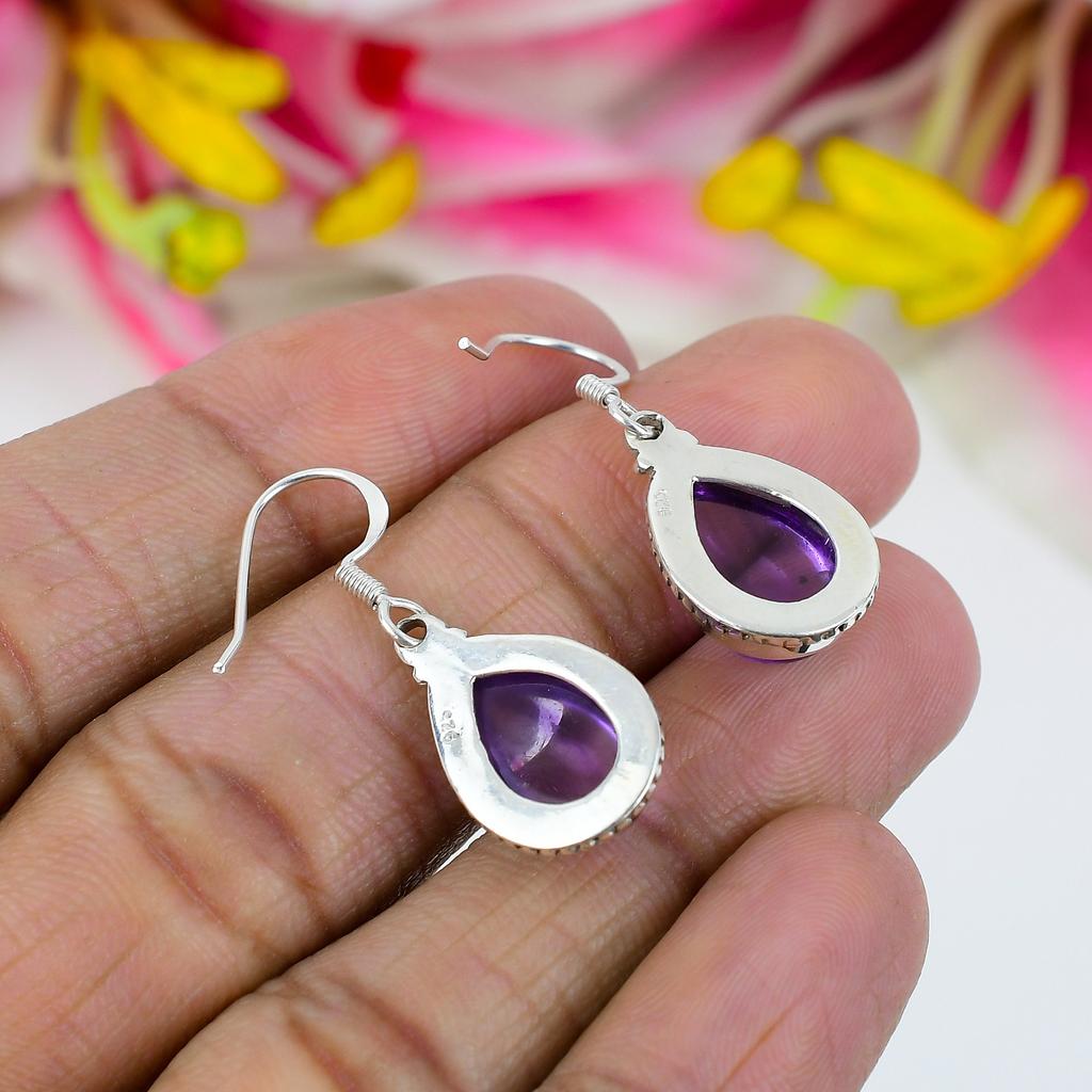 Natural Amethyst Gemstone Handmade 925 Solid Sterling Silver Earring 1.25" O3j33