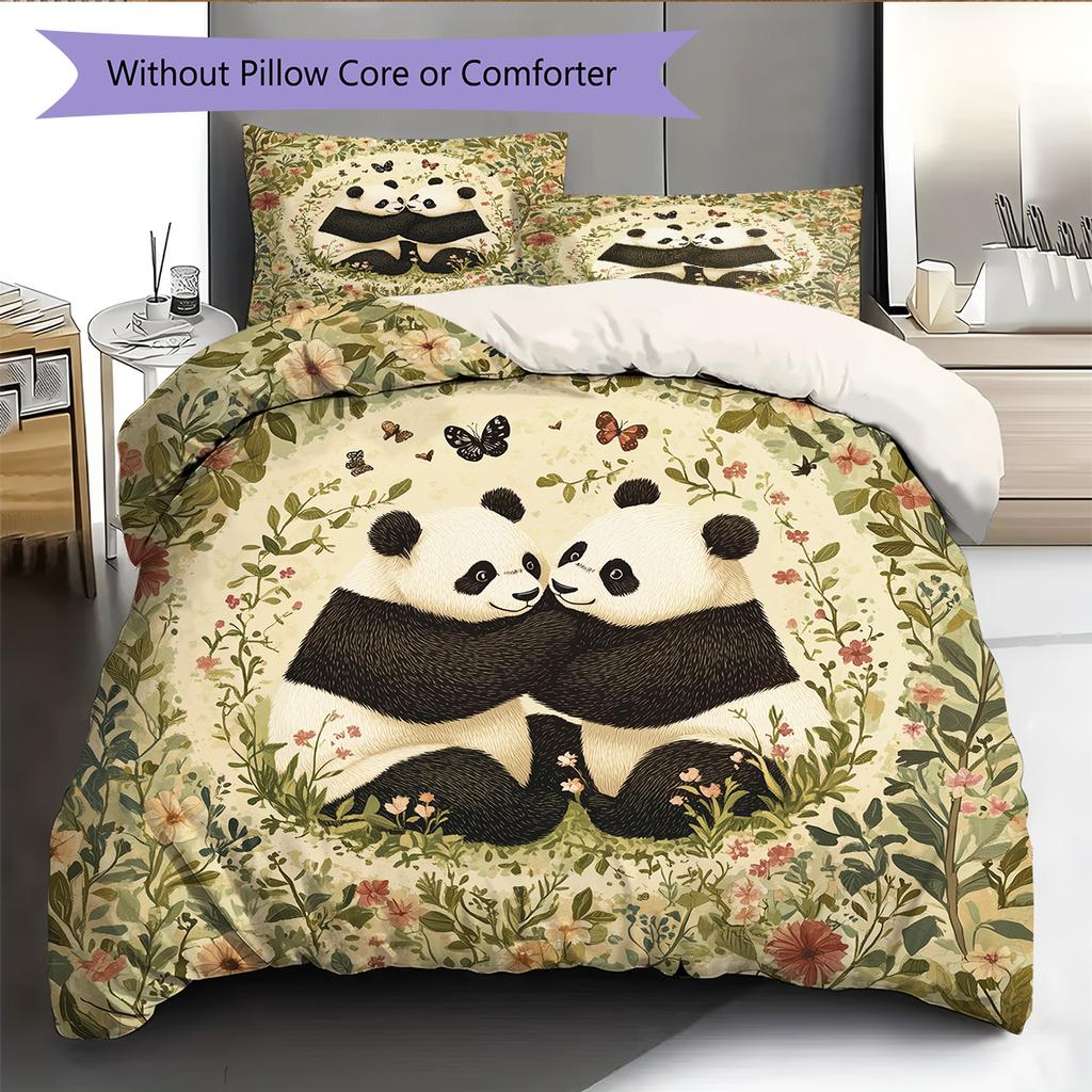 Panda and Grassland Pattern Bedding Home Decoration Birthday Gift (1 * duvet cover + 2 * pillowcase, without core)
