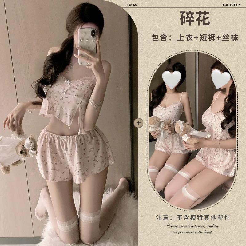 Sexy pajamas sexy deep V suspender top home shorts sweet little floral pajama set