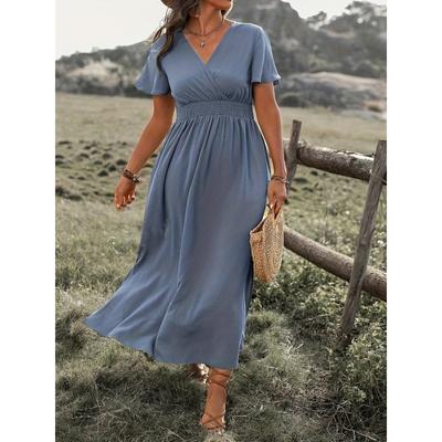 Women's Fashion Summer Spring Solid Color Print Short Sleeve V-Neck High Waist Casual Dresses