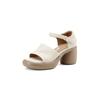 7Cm Retro Leather High-heeled Open-toed Sandals Women's Summer New Thick-heeled Thick-soled Leather One-word Buckle with Roman Sandals~