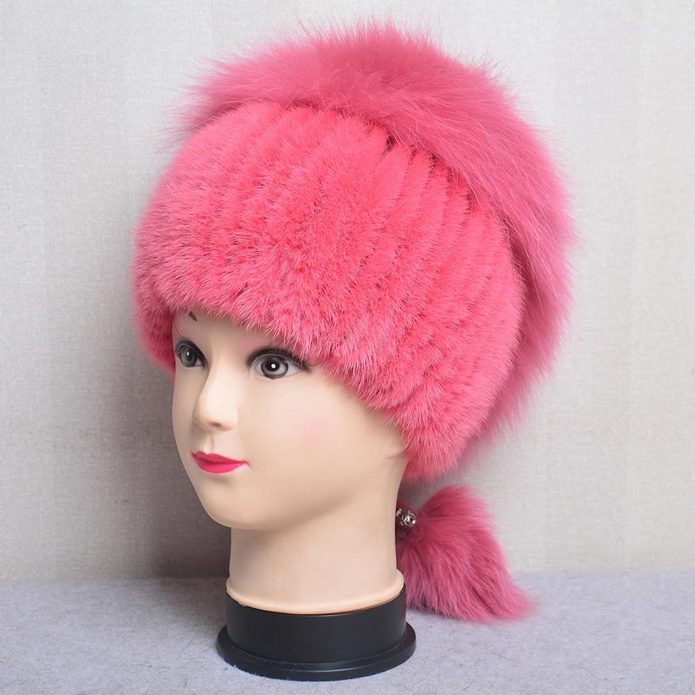 Hot Sale Real Mink Fur Hat For Winter Women Imported Knitted Mink Cap With Fox Fur High Quality Women Warm Real Fur Beanies Hat