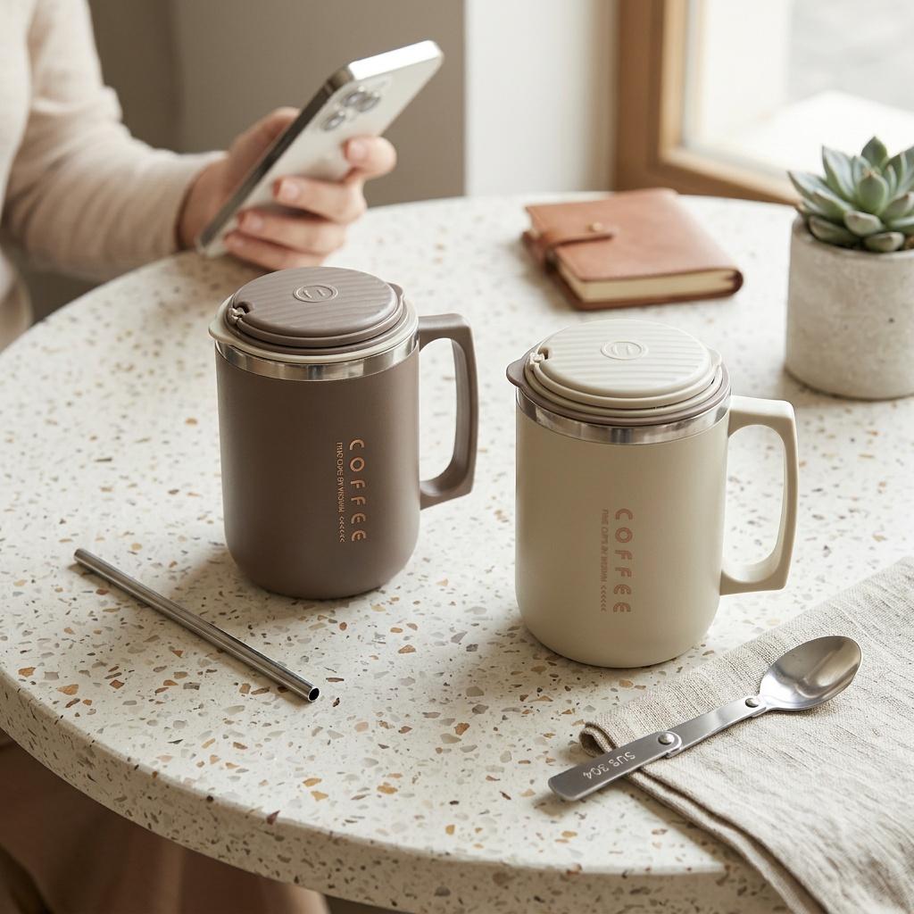 Insulated Coffee Travel Mug with Handle 304 Stainless Steel Thermal Tumbler Leakproof Thermos Water Bottle Dual Drink Straw Cup