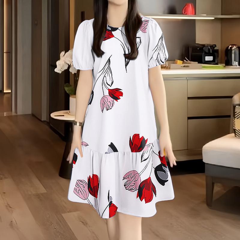 

ZANZEA Женское повседневное платье с круглым вырезом и коротким рукавом с принтом XL белый