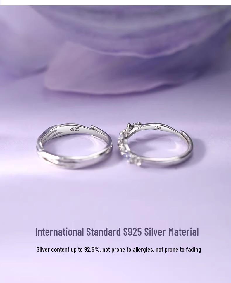 Wisteria S925 Sterling Silver Couple Rings with Mori Style Epoxy Design - Elegant and Unique Pair