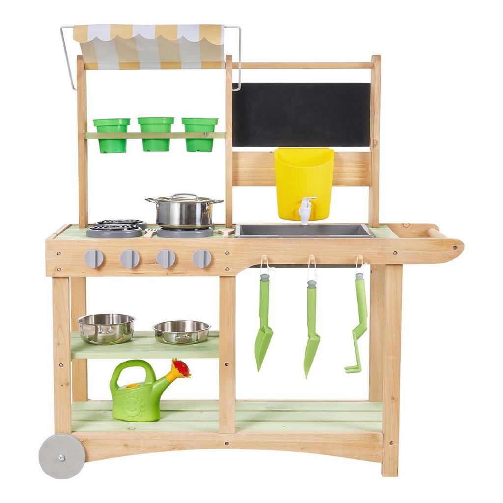 Mud Kitchen, Outdoor Mud Kitchen for Kids, Wood Outdoor Play Kitchens with Spoons, Sink, Sunshade Canopy, Swivel Wheels, Cookware Pots and