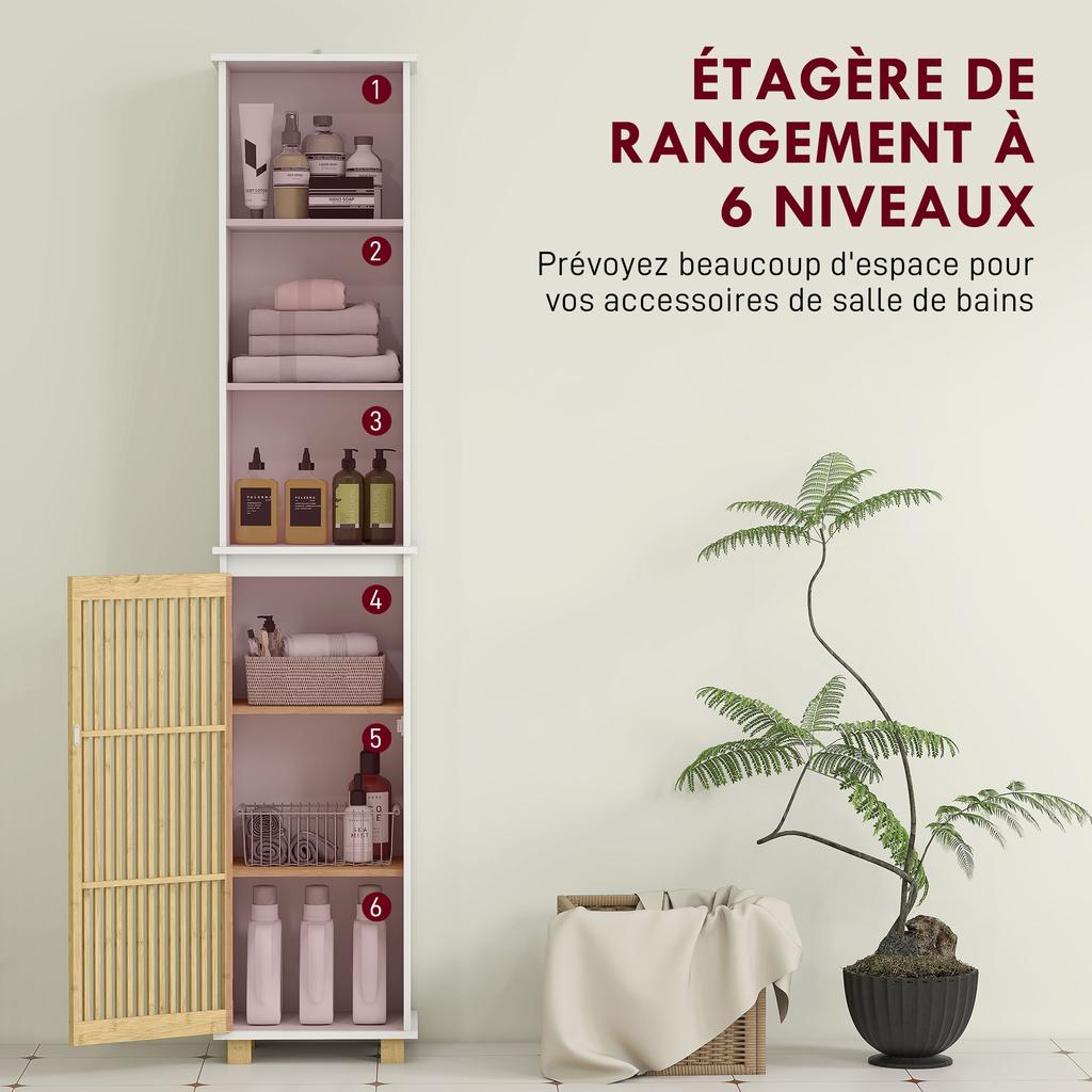Bathroom column, bathroom storage unit with bamboo slatted door and open compartments, white