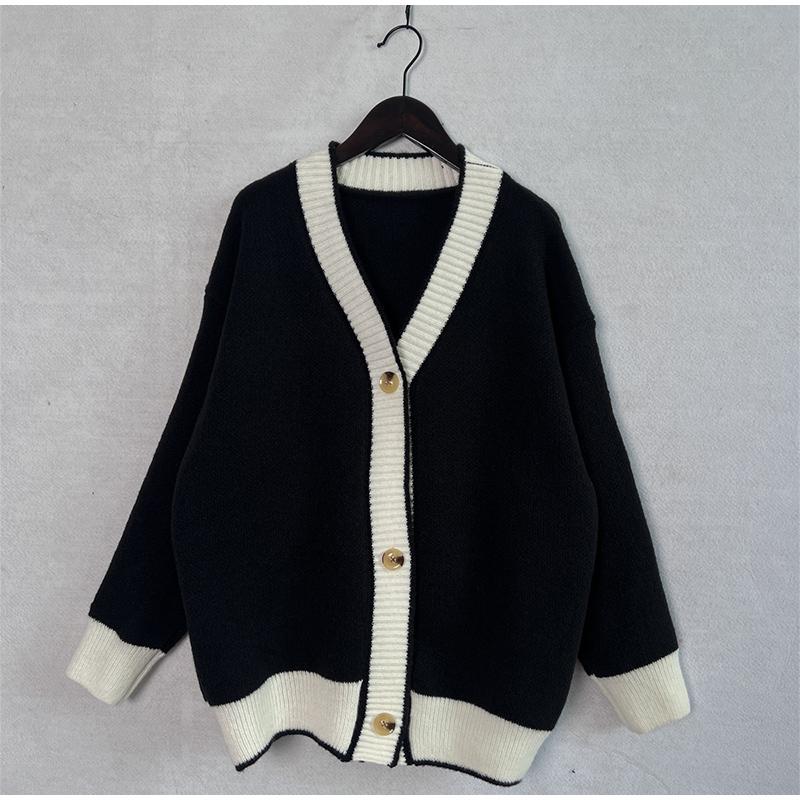 Knitted Cardigan Women V-neck Sweater Autumn Winter Single Breasted Coats Fashion Long Sleeve Panelled Casual Outerwear