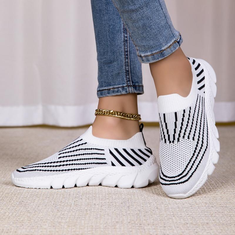 Ladies Knitted Walking Shoes Breathable Mesh Women's Flats Jogging Casual Sports Shoes Lightweight Slip-on Loafers