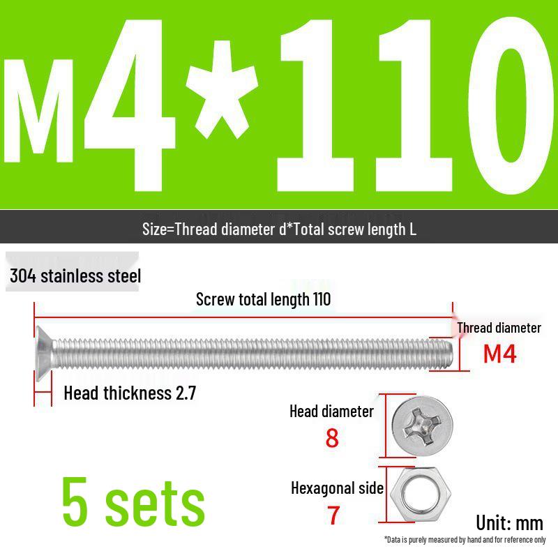304 Stainless Steel Extra Long Phillips Flat Head Screws and Nuts Set (2M, 3M, 4M)