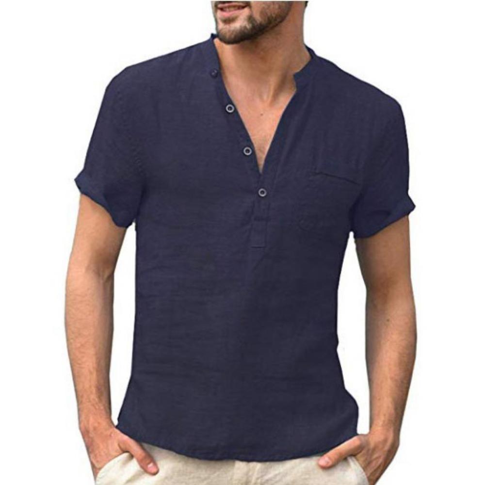 Summer Cotton Linen Short Sleeve Men's Shirt Solid Color Pocket Stand Neck Button Half Open Black Shirts KTB