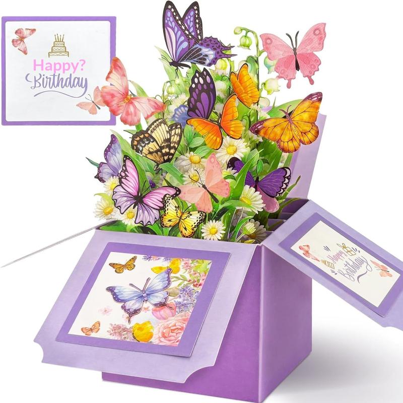 

1Pc 3D Pop-Up Birthday Greeting Card Floral And Butterfly Design For Recipient Paper Construction фіолетовий