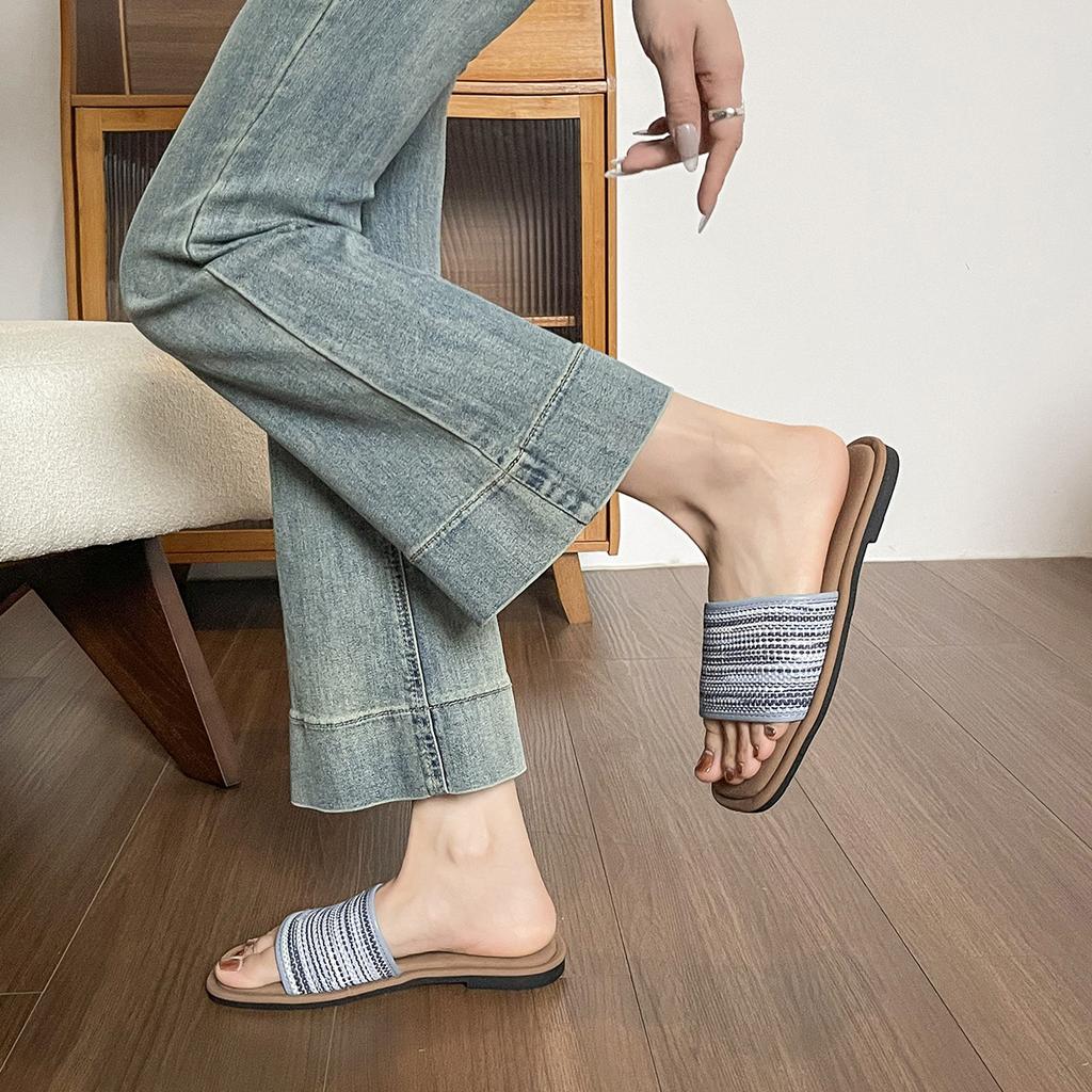 Flat bottom woven one-word slippers women's summer wear retro skirt Roman cool slippers