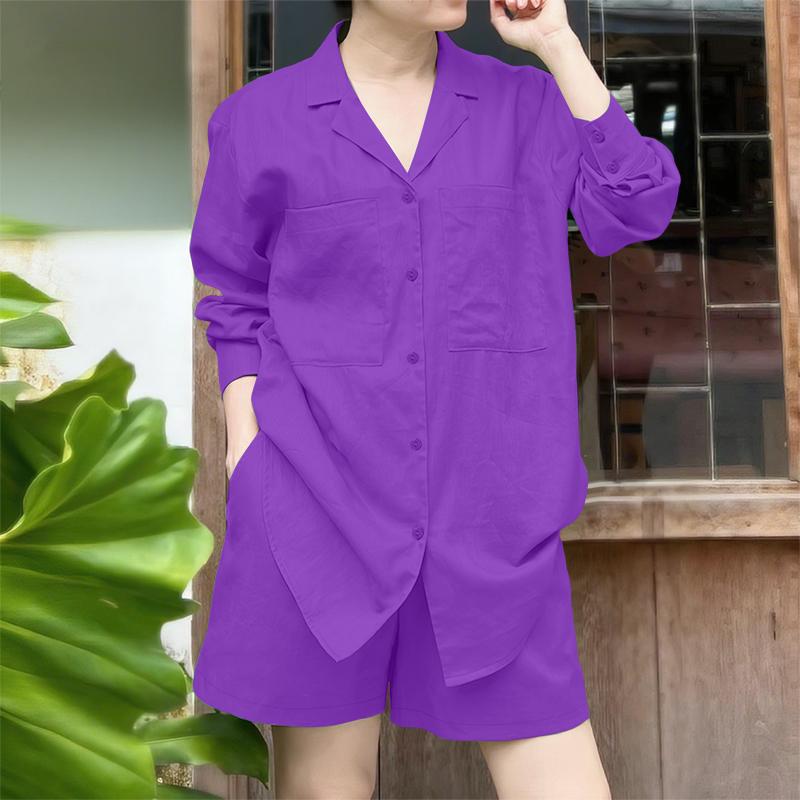 

ZANZEA Женская блузка с отложным воротником и длинным рукавом, летние шорты, костюм-двойка 5XL фиолетовый