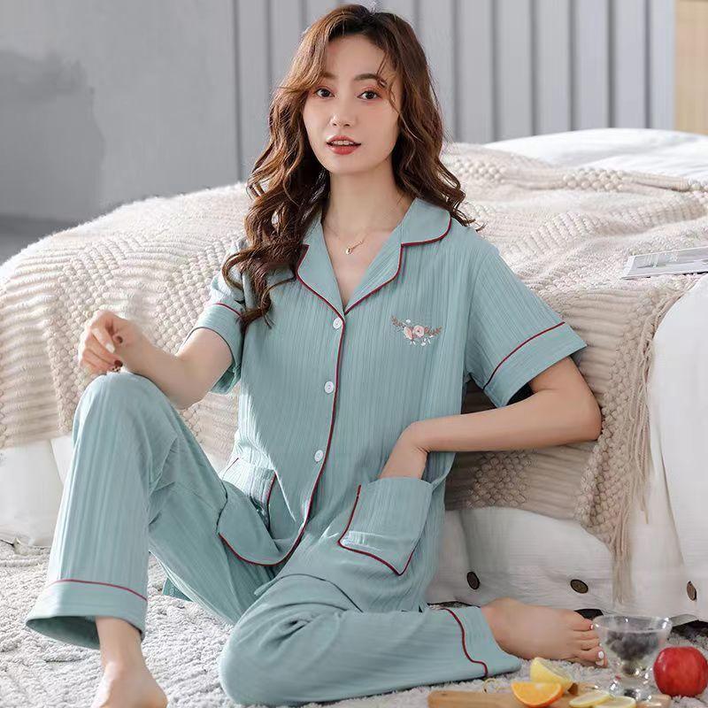 Summer cotton pajamas women's short-sleeved trousers middle-aged women's plus-size cardigan set thin loungewear