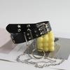 Punk Style Women Men Black Faux Leather Belt With Metal Chain Decor Double Row Buckle Casual Jeans Accessory
