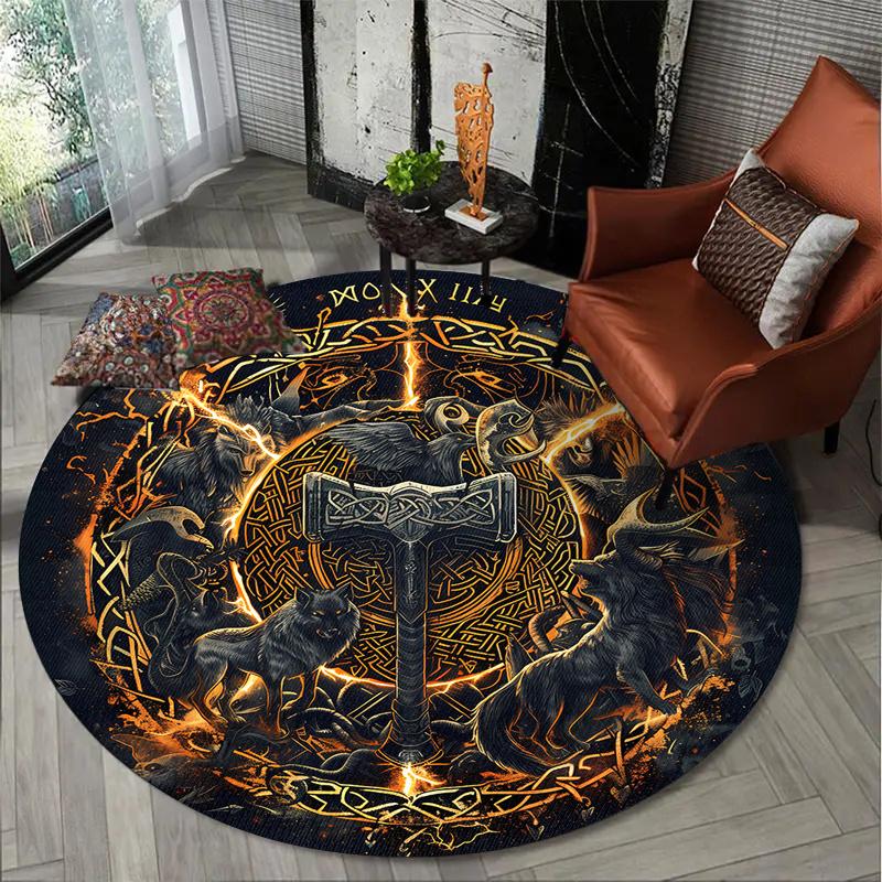 Viking Inspired Round Rug, Polyester Non-Slip Machine Washable Mat for Indoor Outdoor Living Room Bedroom Office Decor