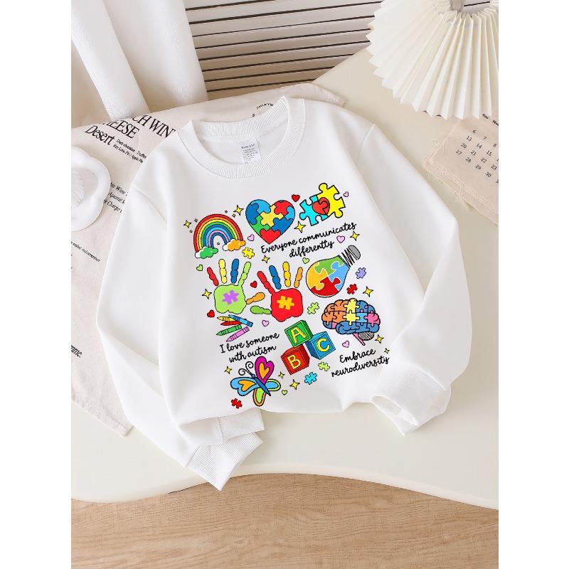 European sizes Girls' Soft Crewneck Sweatshirt Autism Awareness Neurodiversity Puzzle Heart Print, Casual All-Match, Ideal Holiday Present