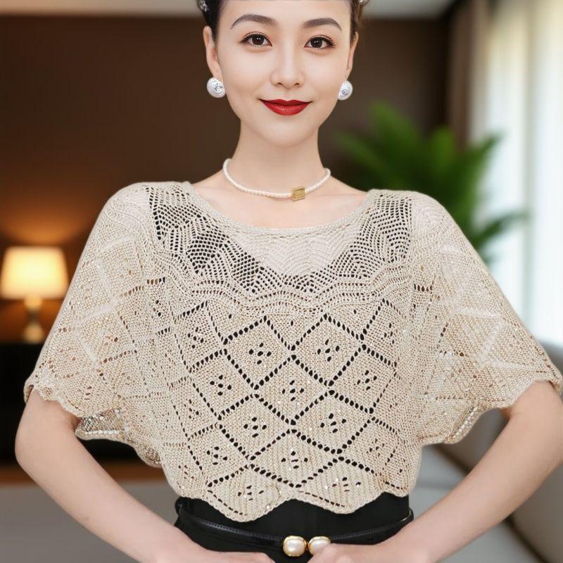 Ladies Knitted Ice Silk Shawl Summer Lightweight Hollow Out Design Fashionable Sequin Shoulder Cover Head Over Shoulder Wrap A4