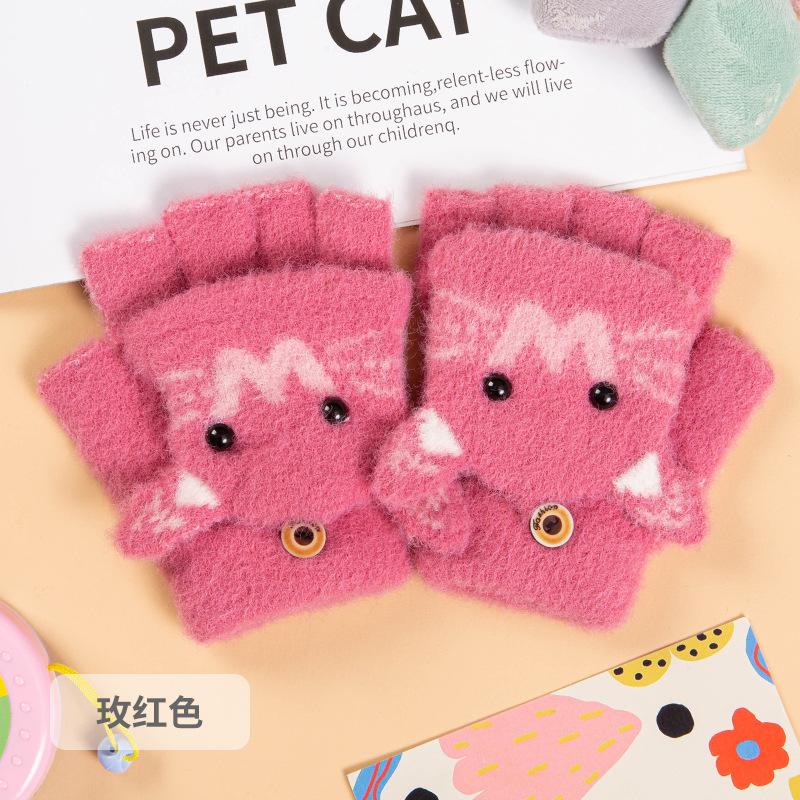 New Children's Half-finger Gloves Winter Velvet Thickened Children's Cute Cartoon Cat Antifreeze Warm Flip Gloves