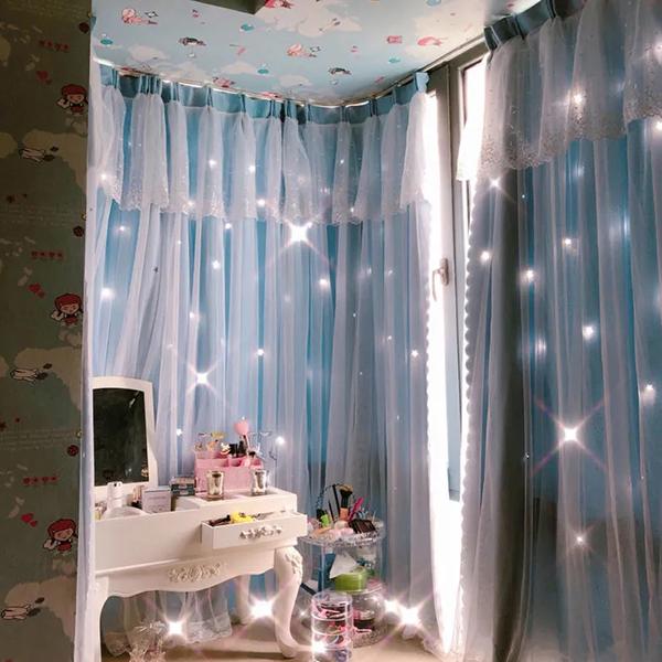 2PCS Finished Curtain Princess Style Ins Blackout Bedroom Hook Curtain Hollow Out Star Cloth Gauze Bay Window Curtain