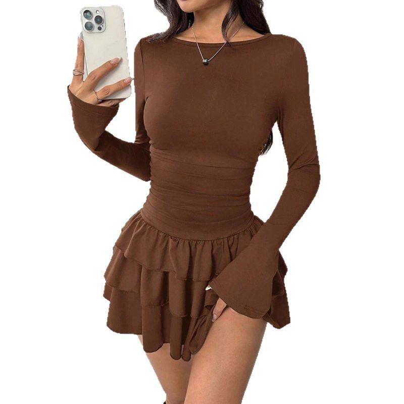 European and American New Women's Clothing Autumn and Winter Solid Color Slim-Fitting Elegant Long-Sleeved Dress for Women with a High-End Feel