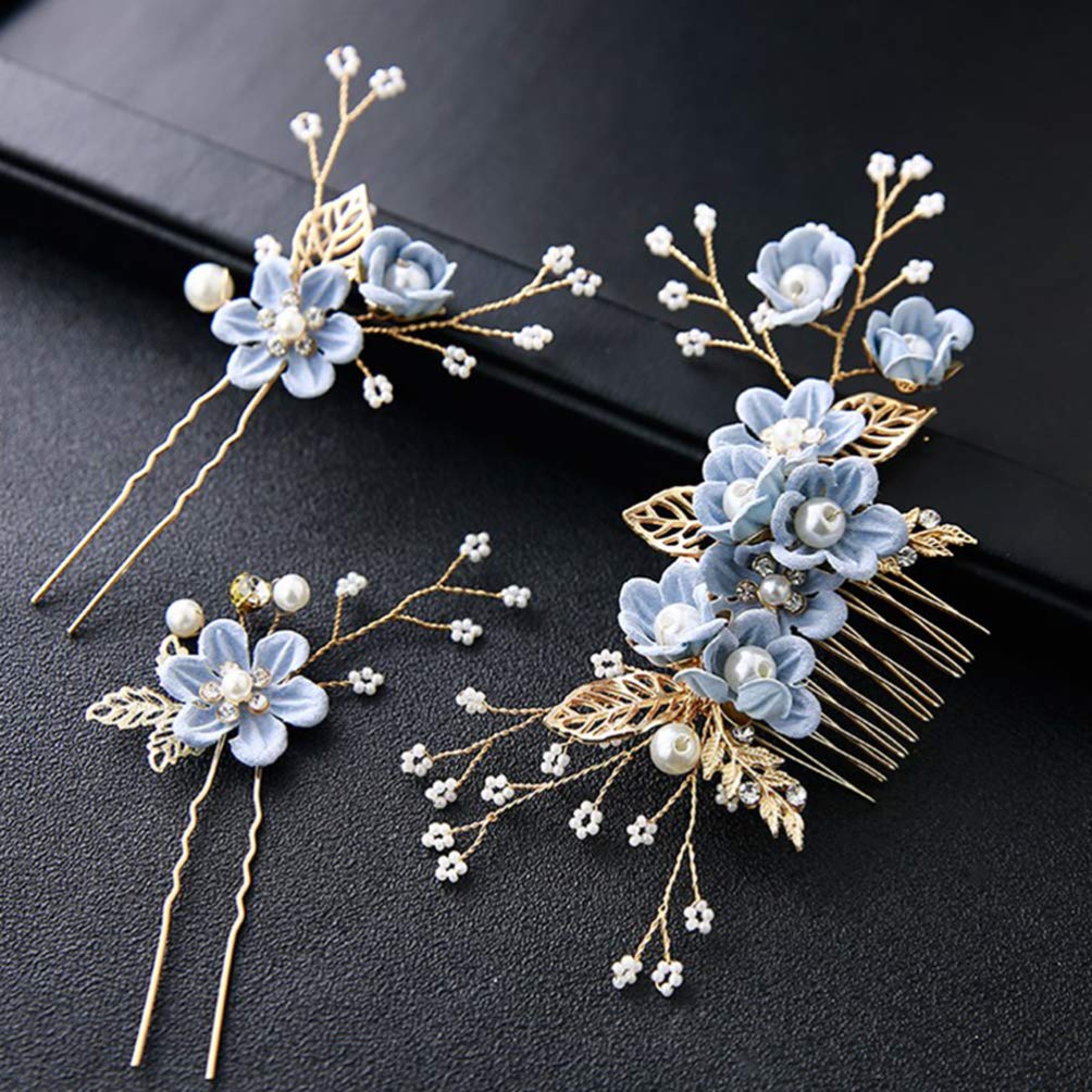 NUOBESTY 4 Pcs Wedding Hair Comb Rhinestones Crystal Floral Bridal Hair Clips Hair Pin Hair Jewelry for Wedding Dress Accessories -Blue