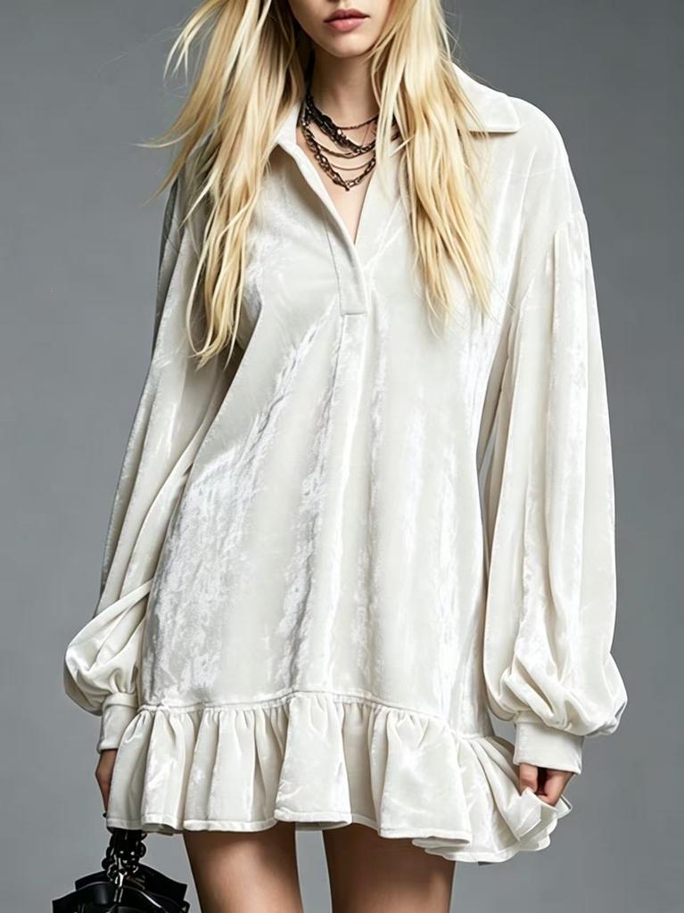 Spot New Autumn and Winter European and American Solid Color Velvet Lantern Sleeves Ruffle Edge Shirt Dress Women's Clothing