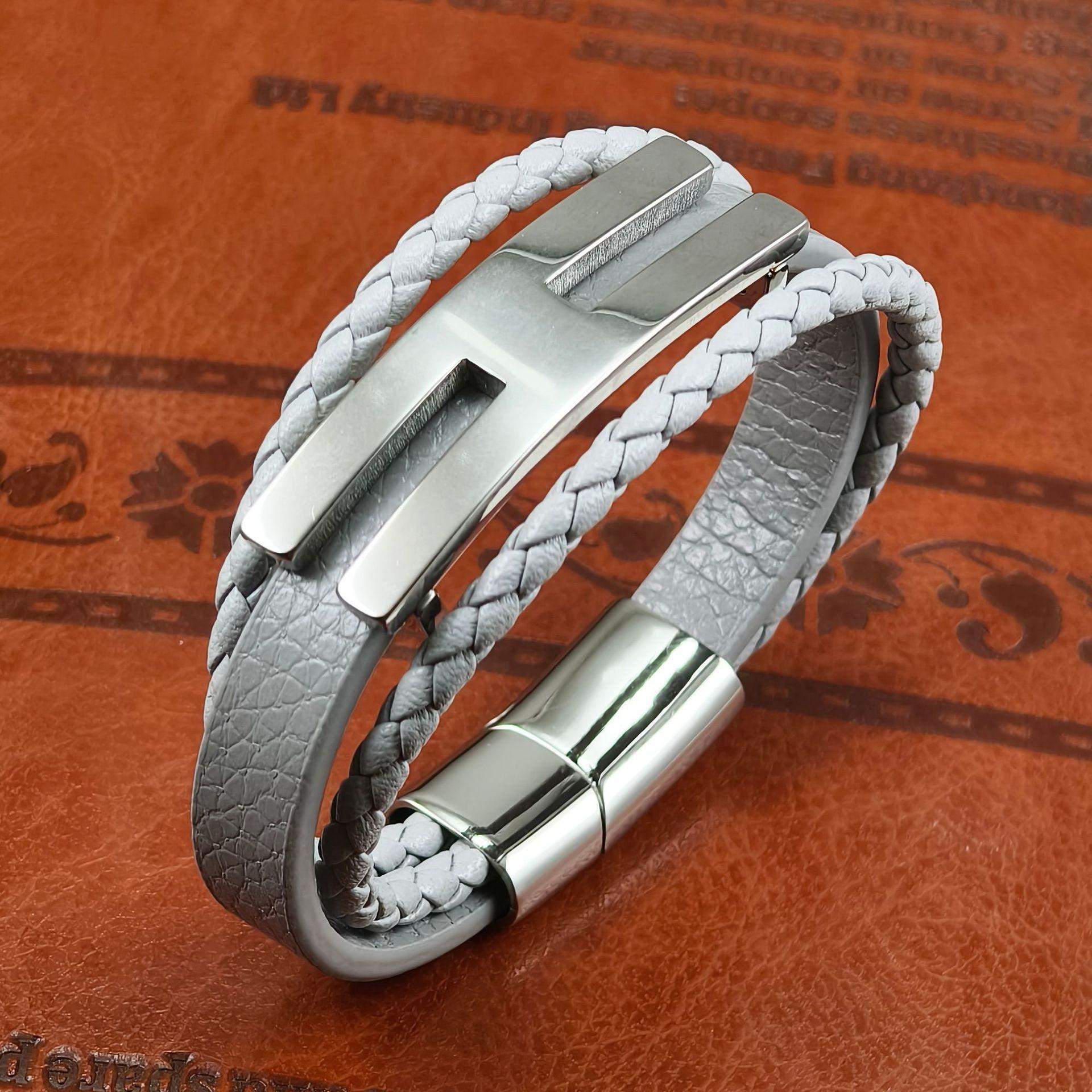 2026 Модный Браслет Глянцевая Кожаная Веревка Изысканный Высококачественный Кожаный Браслет Модный Мужской Браслет 22cm серый