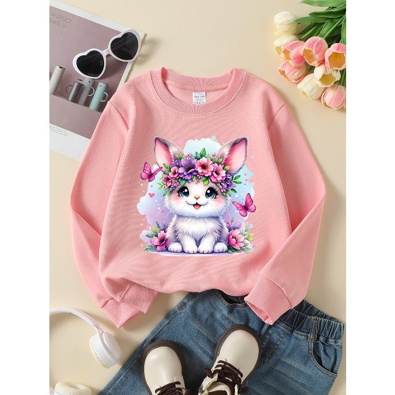 Kids Long‑Sleeve Crewneck Sweatshirt, Cute Bunny Floral Crown Print,Daily Casual Top for Spring & Autumn