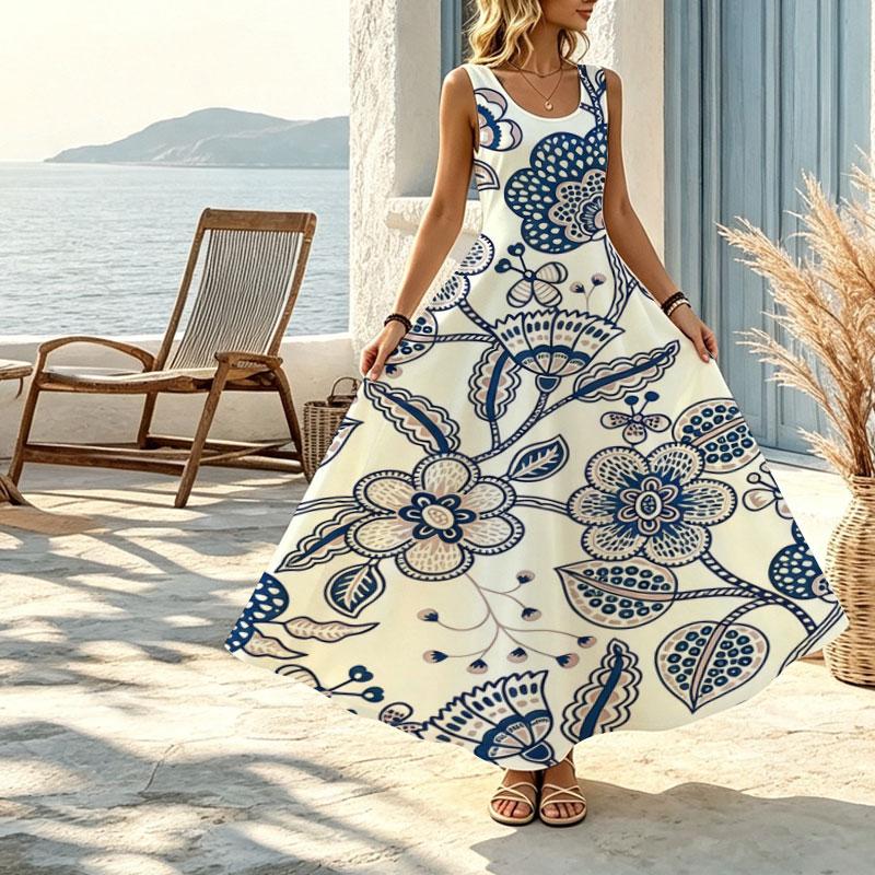 Sleeveless Long Floral Dress Fresh Blue White Pattern,Relaxed Fit,Lightweight,Perfect for Beach Vacation & Daily Casual,Versatile & Stylish