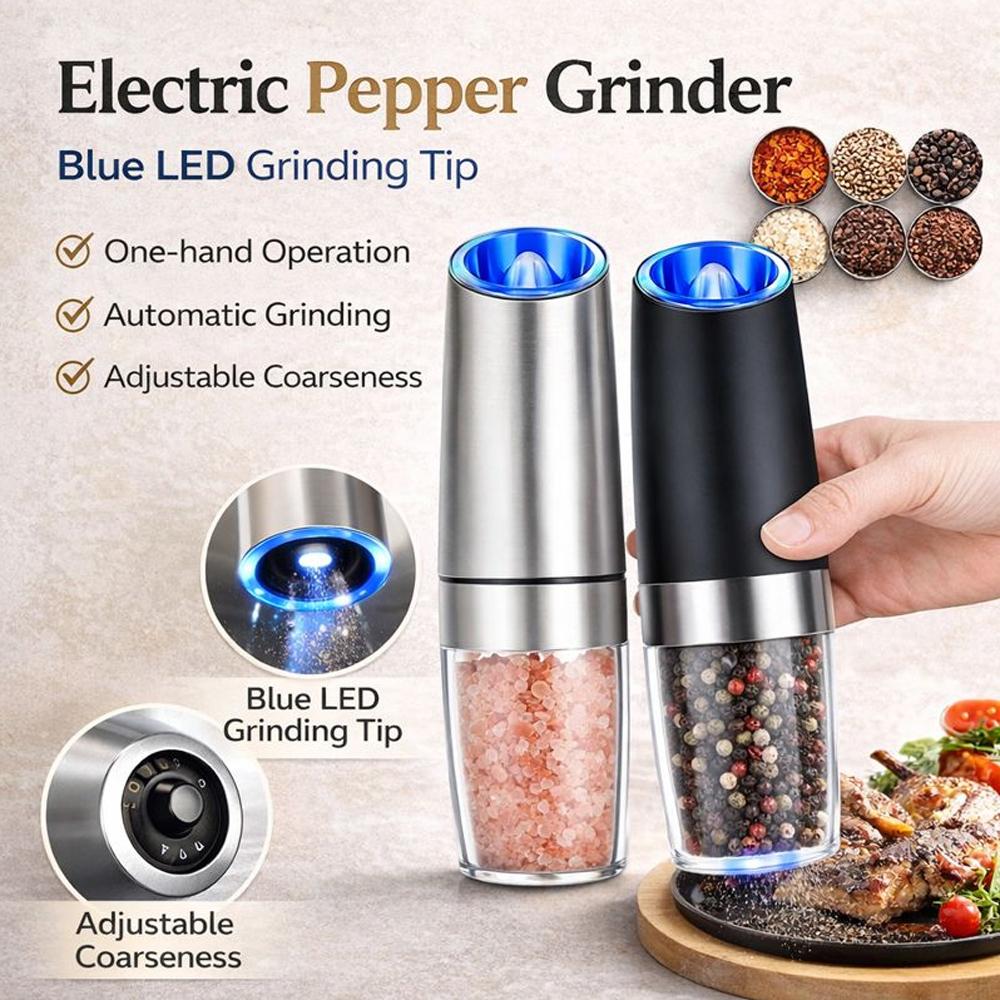 Gravity Electric Pepper Grinder with Blue LED Light Stainless Steel Automatic Mill for Salt and Black Pepper
