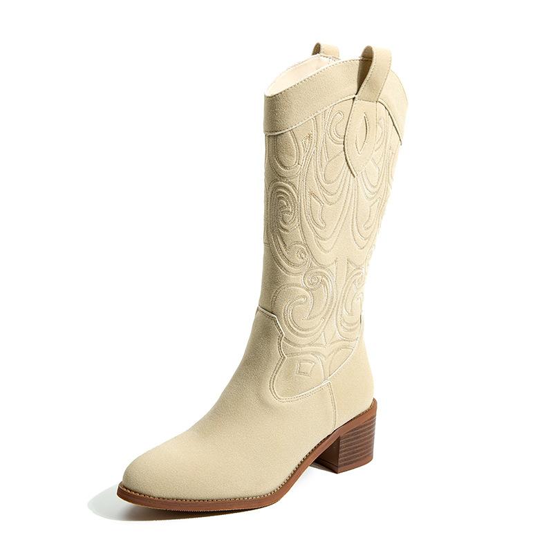 

Винтажные вышитые ковбойские сапоги в стиле вестерн с V-образным вырезом, тонкие, длинные байкерские сапоги на высоком каблуке, высокие сапоги на толстом каблуке для женщин 35