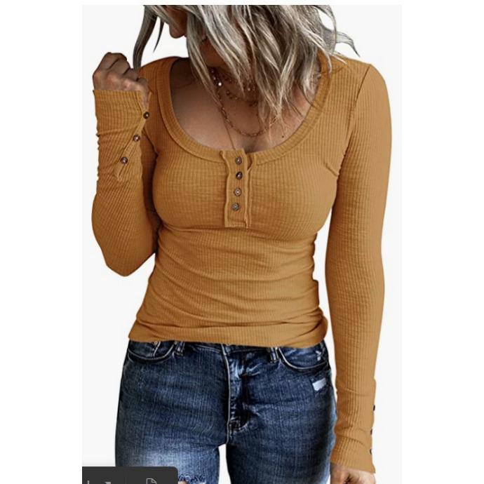 IHUASU Autumn Women's Button-down Vest Color V-neck Long Sleeve T-shirt Top