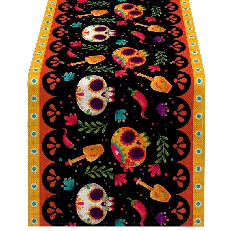 Horror Halloween Skull Table Runner Ethnic Mexico Flower Table Runner Day of The Dead Kitchen Dining Tablecloth Table