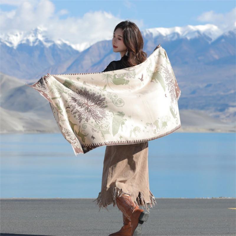 Scarf women's fashion double-sided jacquard scarf high-end sense of warmth imitation cashmere shawl Xinjiang Xizang travel outside
