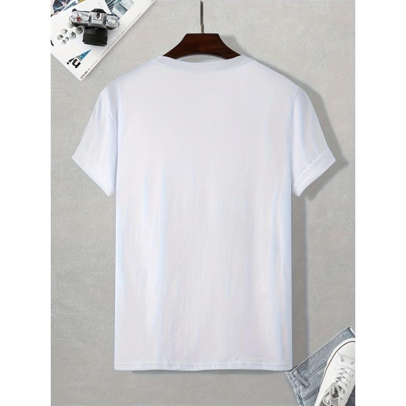 European Size Men'S Casual Cotton T-Shirt with Cat Tail Hook Pattern - Summer Short Sleeve Round Neck Solid Color Knit Fabric - Adult Regular Fit