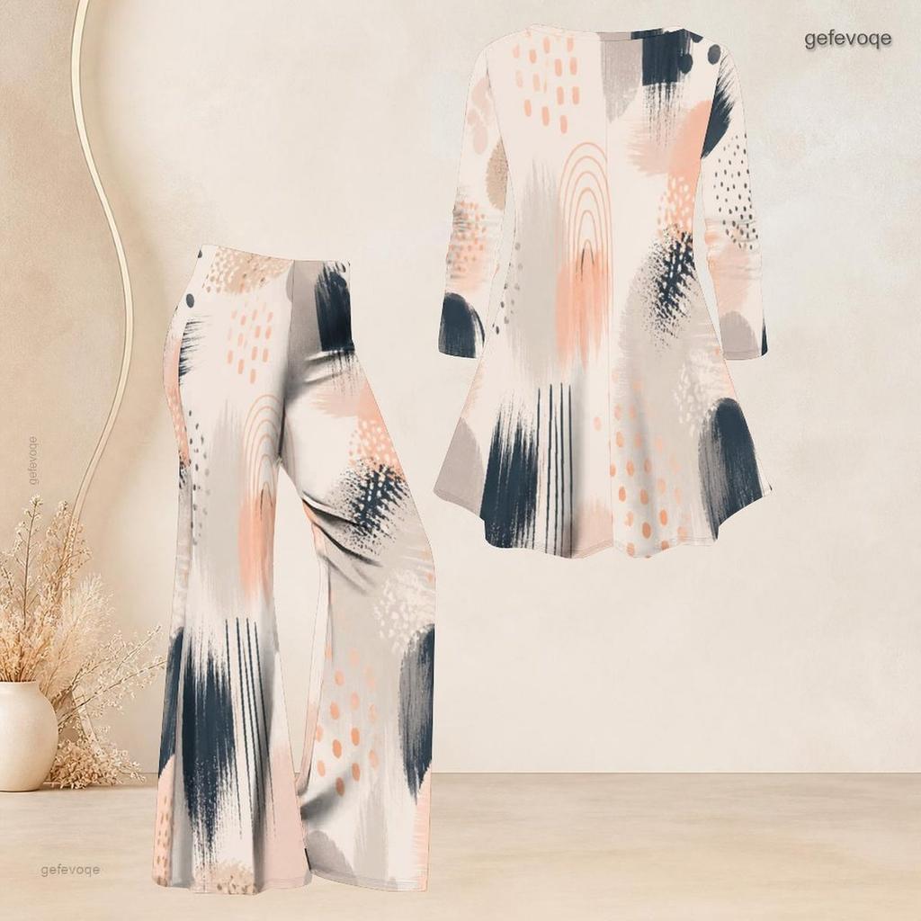 Women Plus Size Round Neck Three Quarter Sleeve Printed Flared Top And Flared Pants Two Piece Set