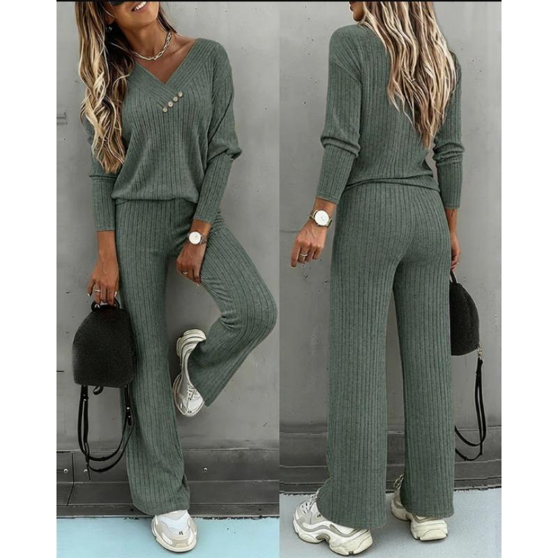 Women Casual Loose Long Sleeve V Neck Knit Two Piece Top Wide Leg Pants Set Autumn Winter