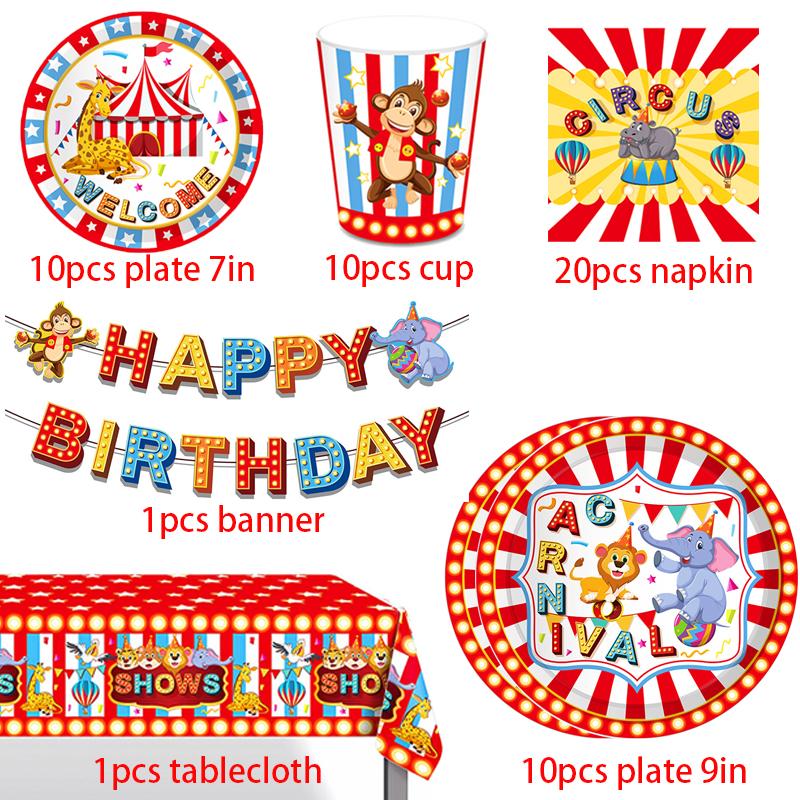 Carnival Circus Animals Decorations Banner Birthday Disposable Tableware Tablecloth Plate Cup Napkin Favors Party Supplie