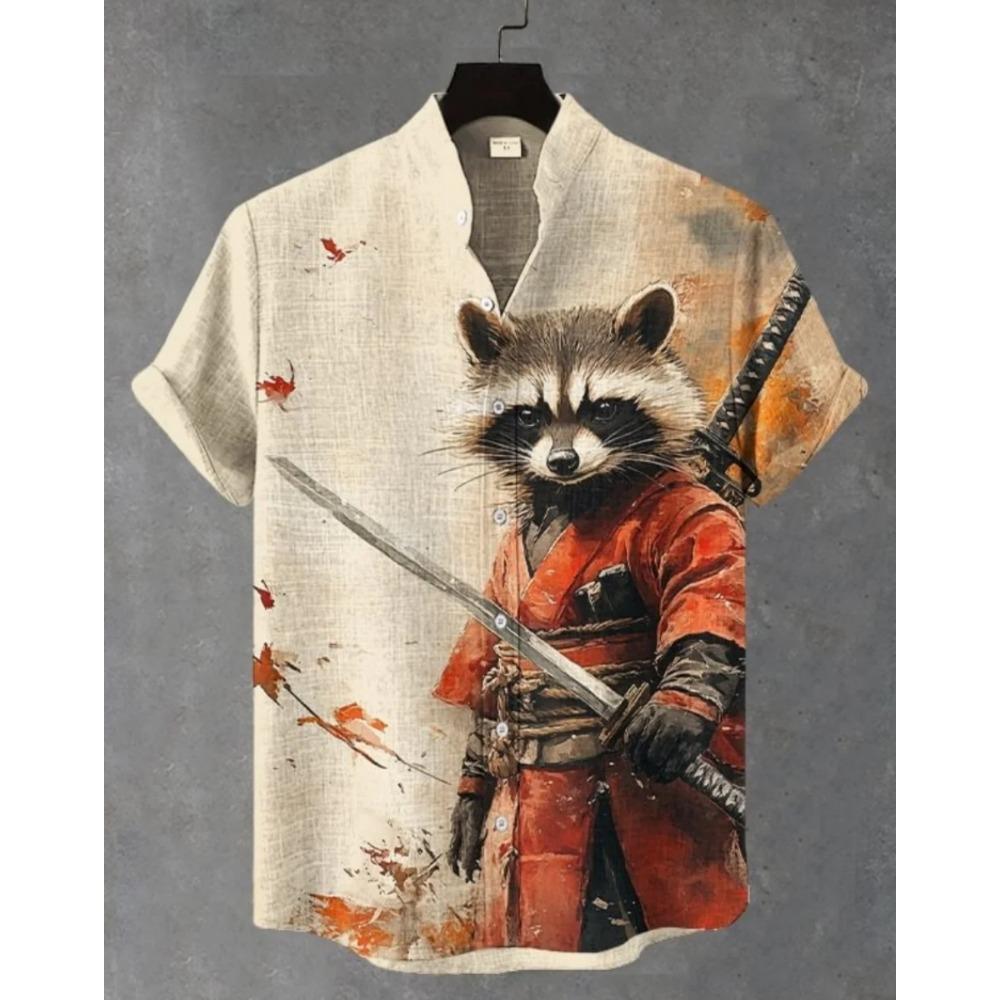 Men's Samurai Hawaiian Shirt Casual Short Sleeve Top Loose Clothing Fashion Retro Summer Shirt