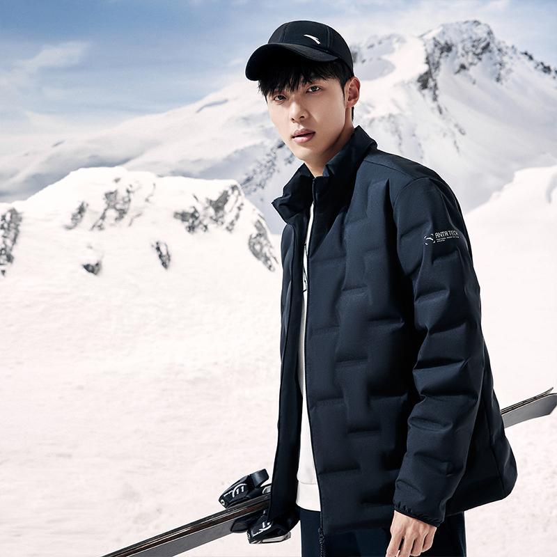 Anta Solid Color Zipper Stand Collar Long Sleeve Down Jacket Men Outerwear Basic-Black 952347914-5
