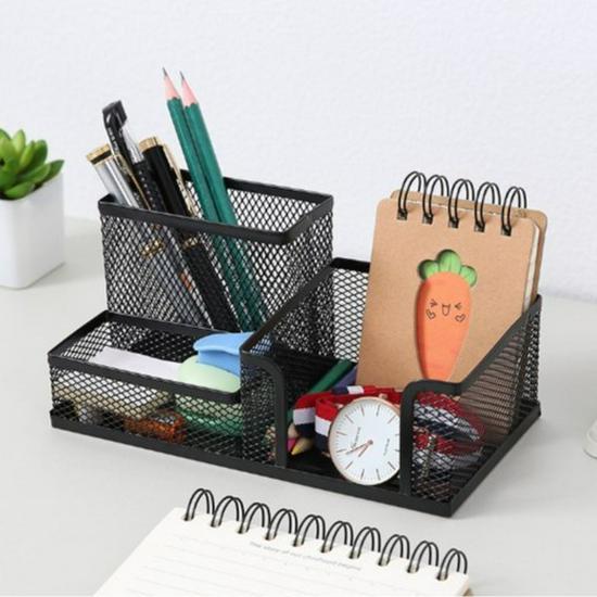 Wrought Iron Four-Compartment Desktop Stationery Organizer - Mesh Divided Pen Holder