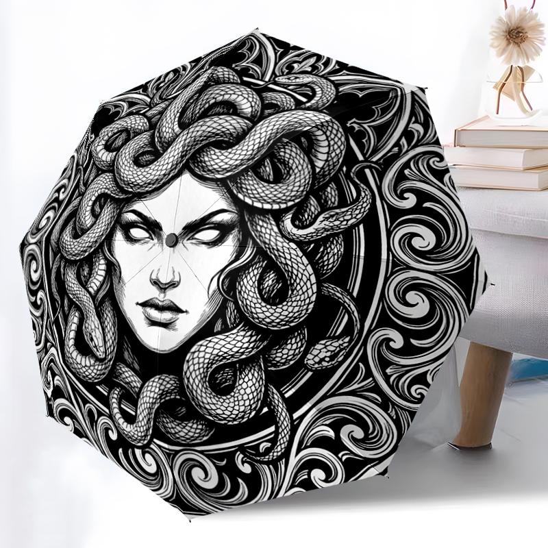 1pc Sturdy 8-Bone Auto Umbrella, Black Ornate Valknut Medusa Umbrella, Digital Printed, Foldable Umbrella for On-the-Go Outdoor Use