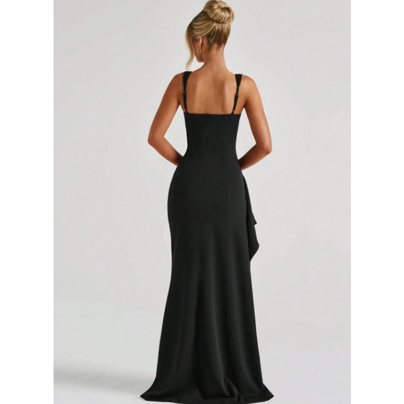 Wide Strap Square Neck Maxi Dress Ruched High Slit Elegant Bodycon Long Gown Multicolor Draped Side Split Sleeveless Evening Party Formal Prom Dress