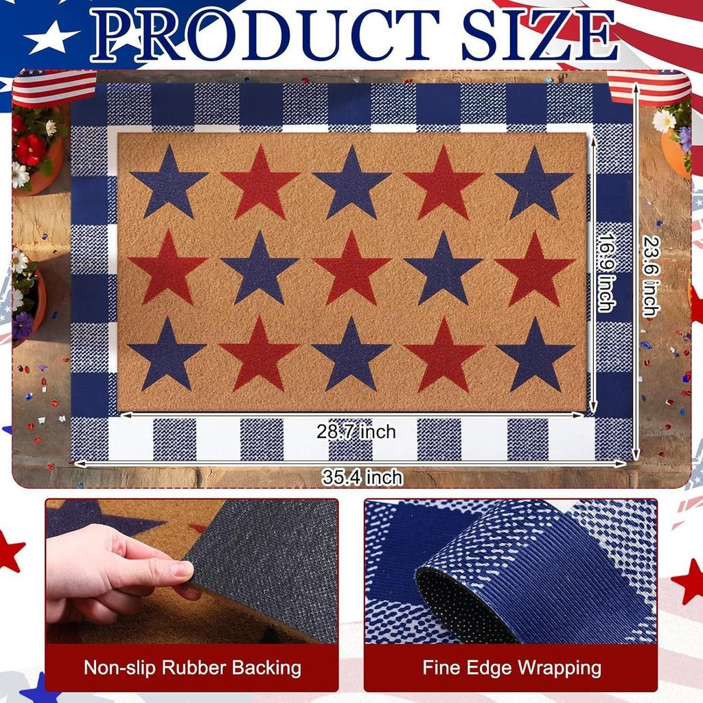 Door Mat Outdoor USA Red White Blue Welcome Rug Patriotic Mat Non-Slip Independence Day Freedom Memorial Day Indoor Entrance Outside Porch Front Decor
