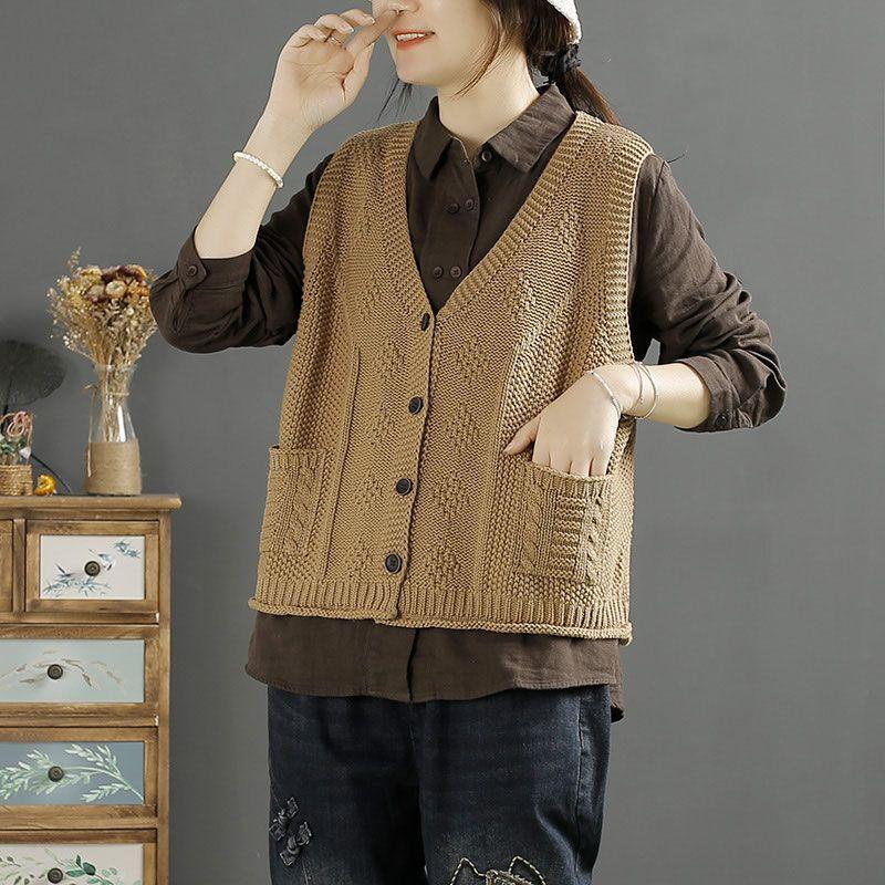 Vintage Retro Women Vest New V Neck Solid Color Versatile Single Breasted Knitwear Spring Autumn Fashion Outerwear