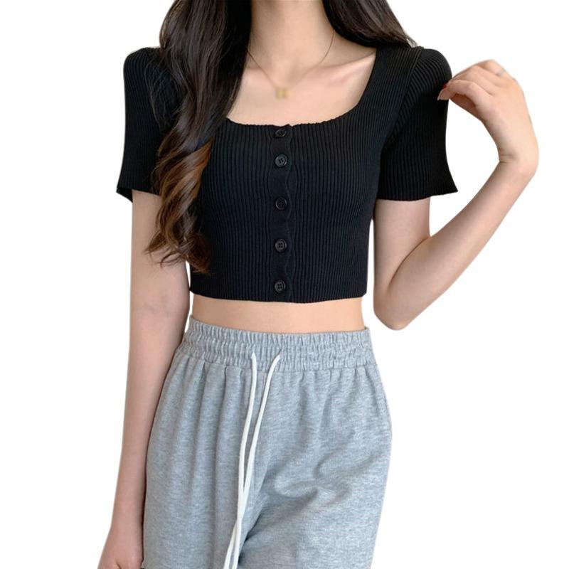 

Женская футболка с короткими рукавами, базовая, на пуговицах, из трикотажа «ледяной шелк» One Size