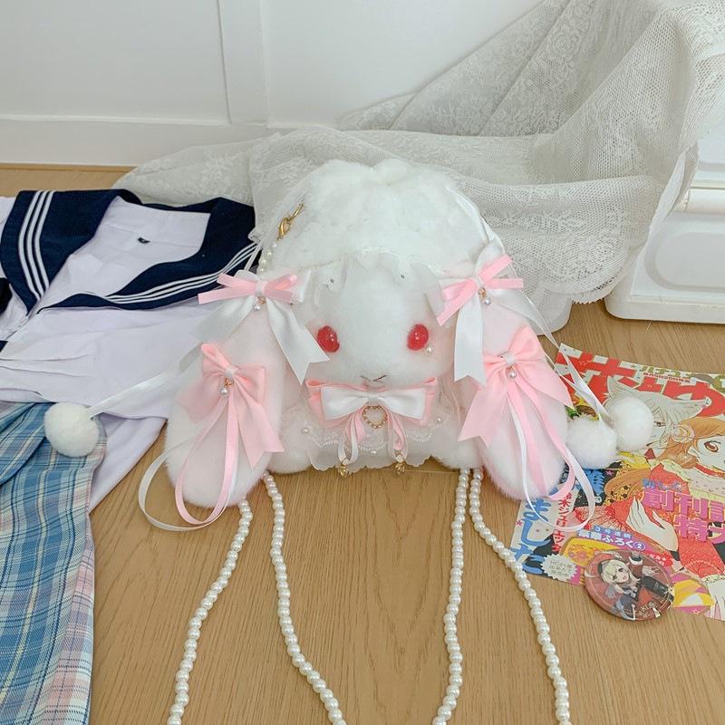 Lolita Plüsch Hasen Tasche mit Schleife, Perlenkette und Herz Design - Süße Girly Umhängetasche